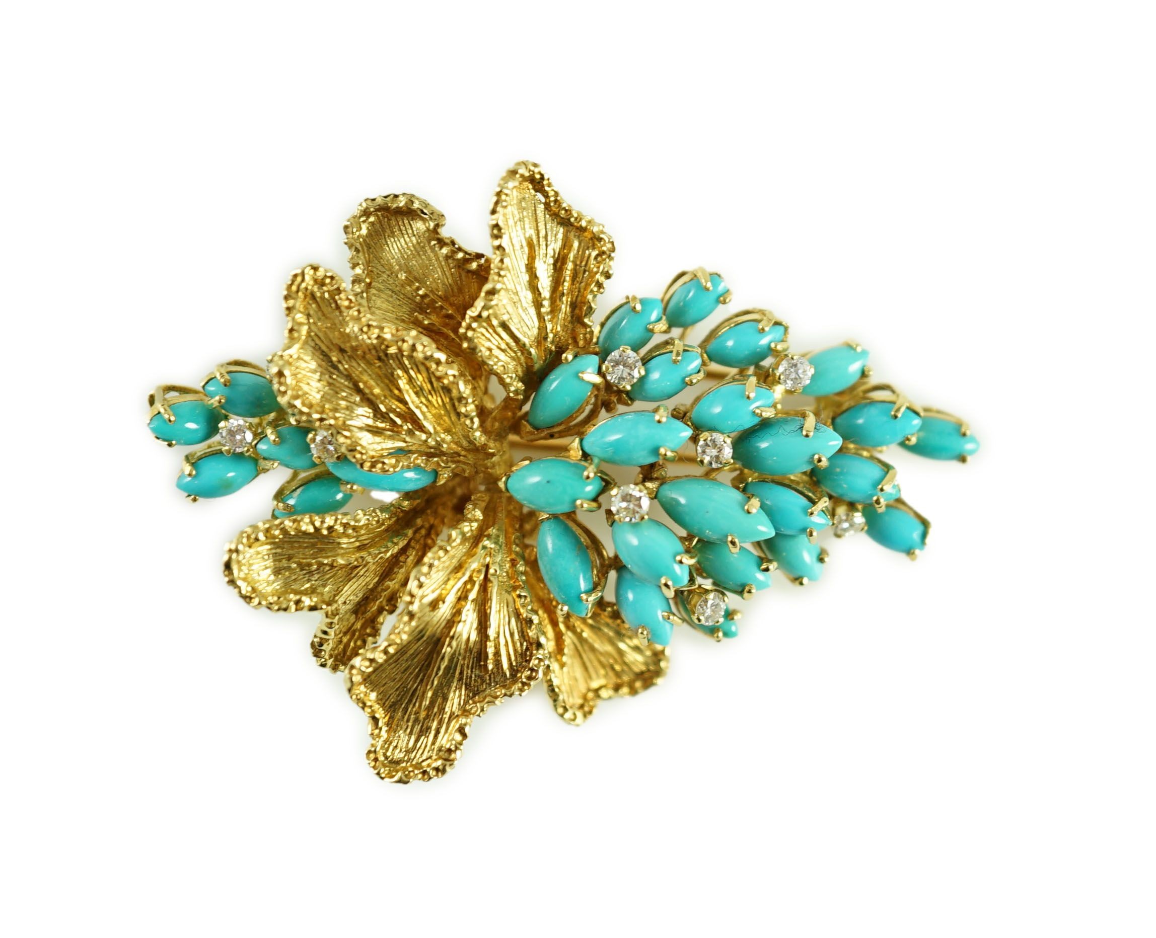 A 1970's textured 18ct gold, turquoise and diamond set cluster clip brooch